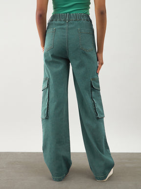 Girls Green Wash Denim Contrast Stitch Cargo Jeans
