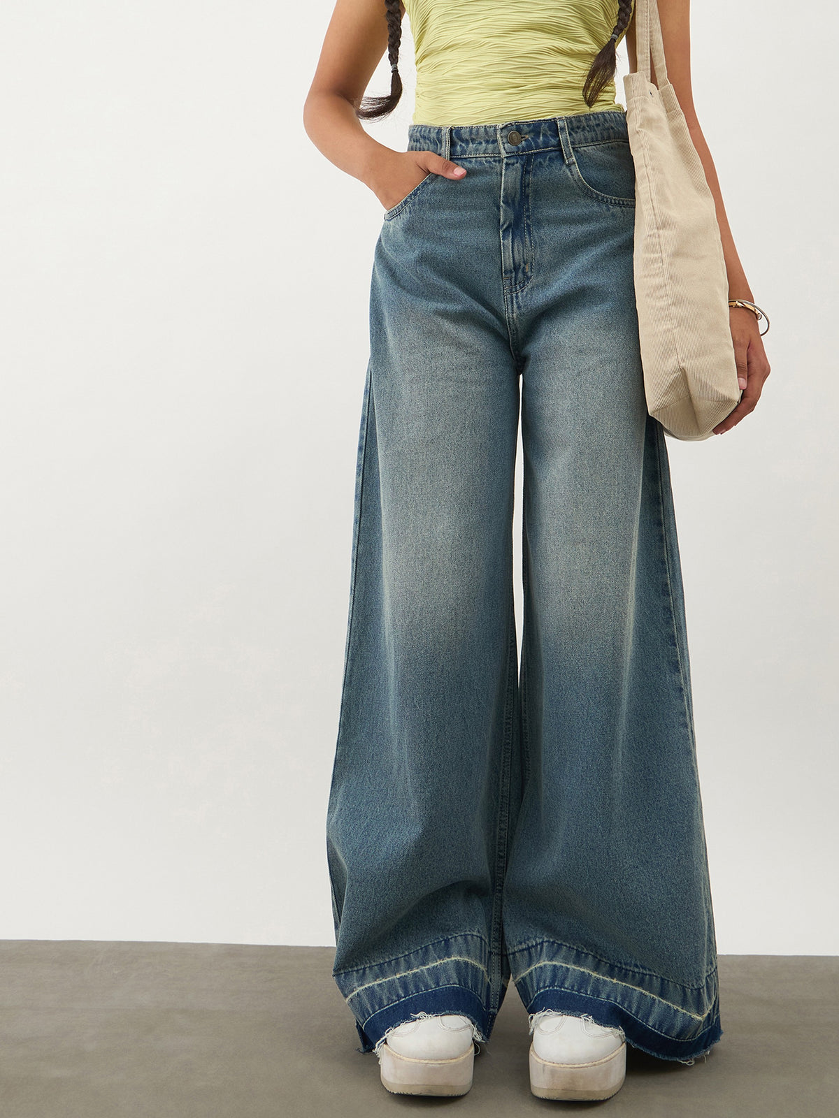 Blue Blast Denim Wide Leg Frayed Jeans-Noh.Voh 