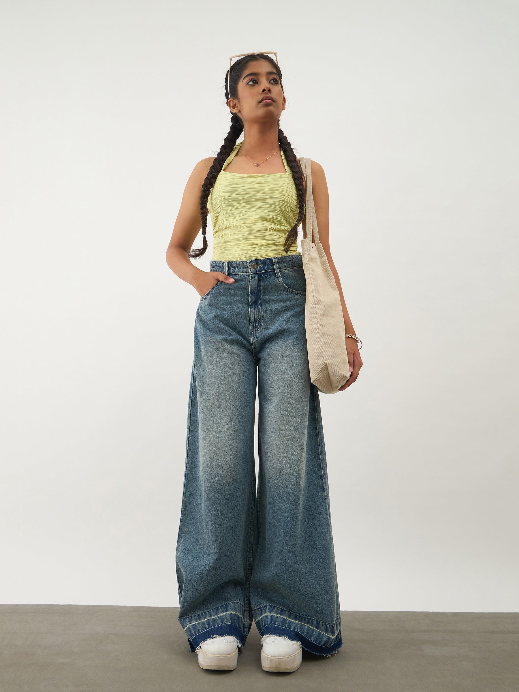 Blue Blast Denim Wide Leg Frayed Jeans-Noh.Voh 