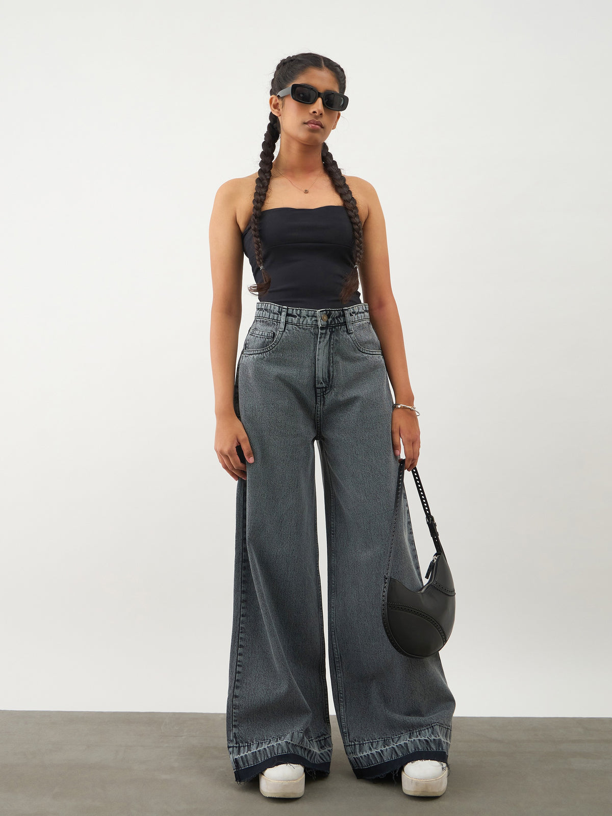 Black Blast Denim Wide Leg Frayed Jeans-Noh.Voh 