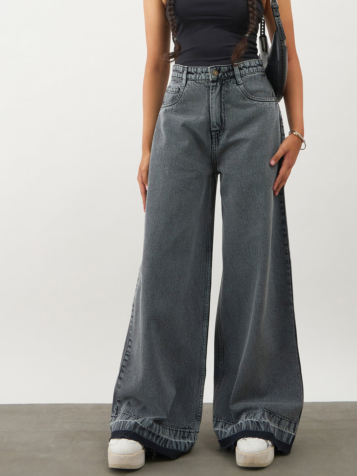 Black Blast Denim Wide Leg Frayed Jeans-Noh.Voh 
