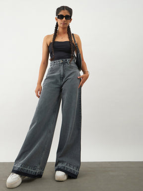Black Blast Denim Wide Leg Frayed Jeans-Noh.Voh 