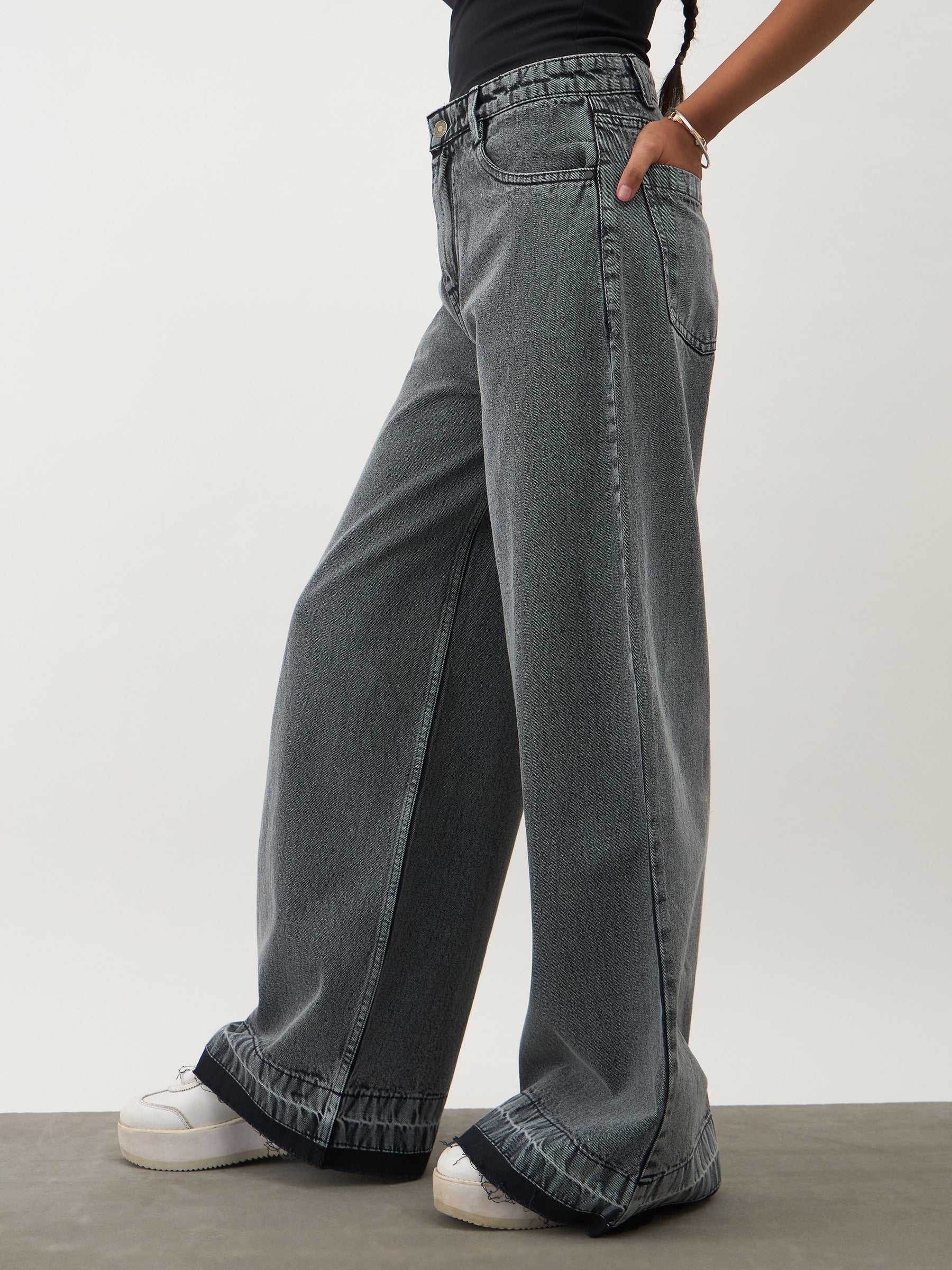 Girls Black Blast Denim Wide Leg Frayed Jeans