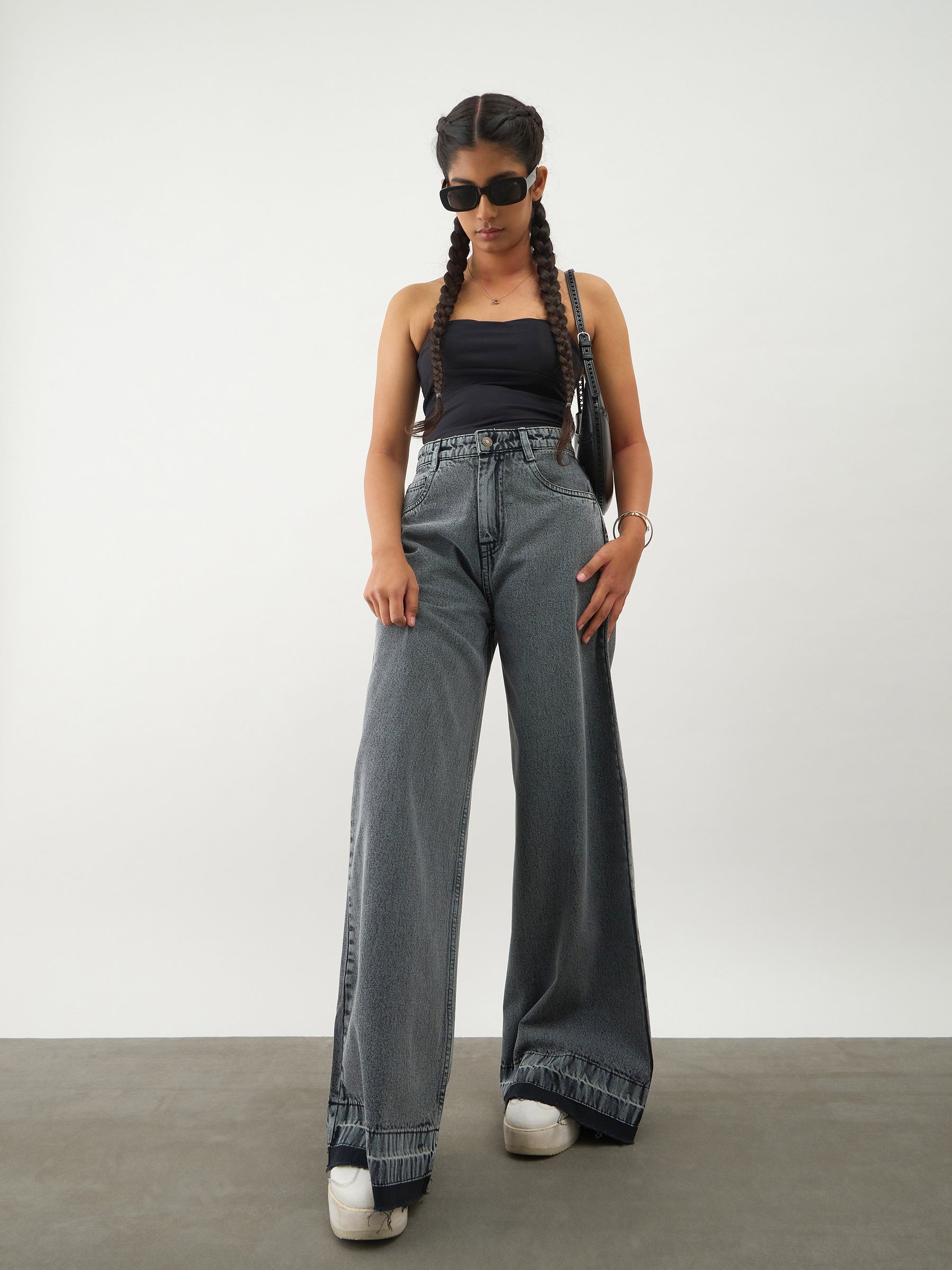 Girls Black Blast Denim Wide Leg Frayed Jeans