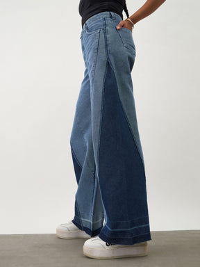 Blue Denim Color Block Wide Leg Jeans-Noh.Voh 