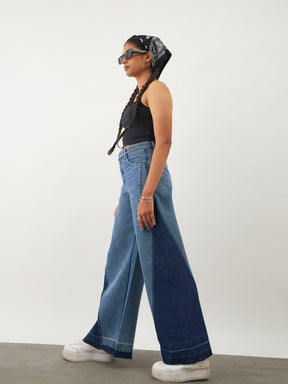 Blue Denim Color Block Wide Leg Jeans-Noh.Voh 