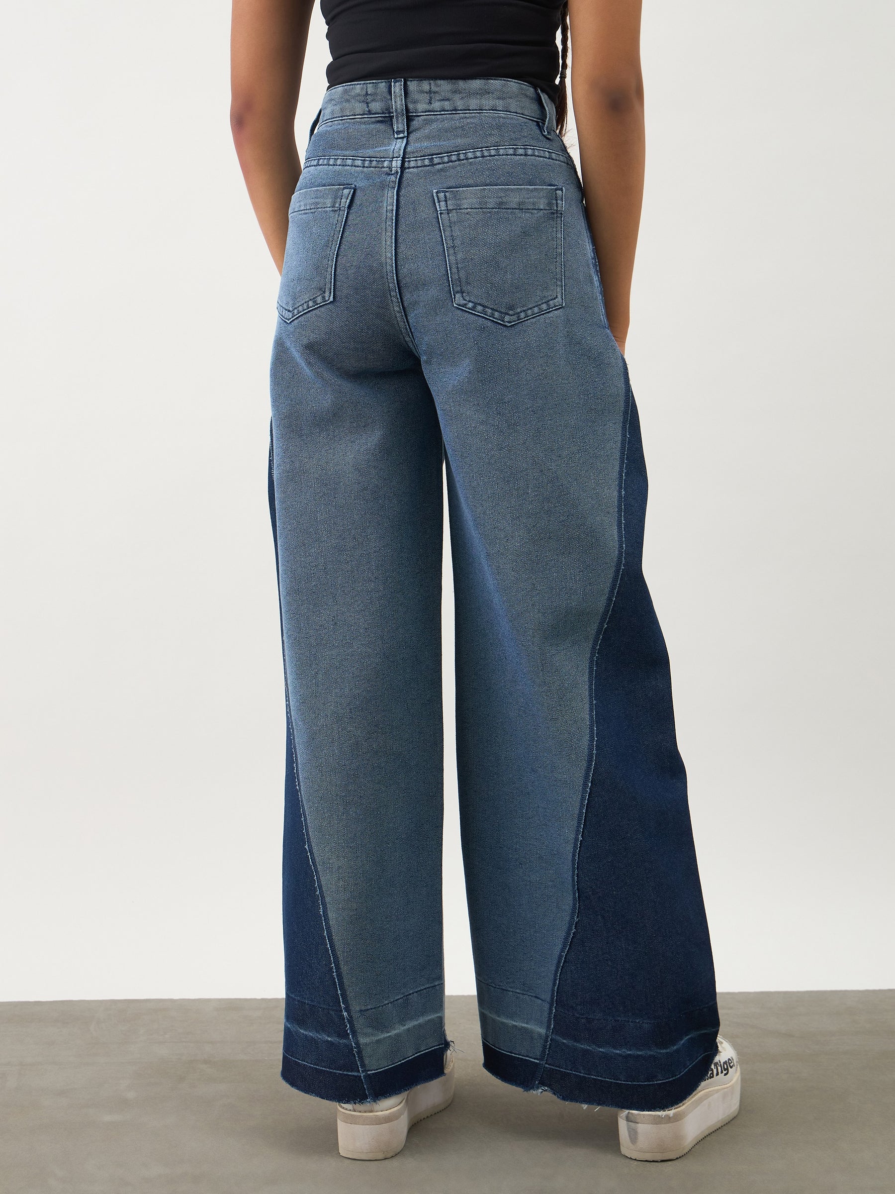 Girls Blue Denim Color Block Wide Leg Jeans