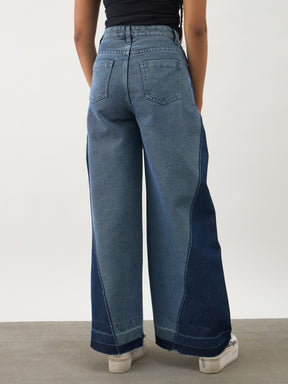 Girls Blue Denim Color Block Wide Leg Jeans