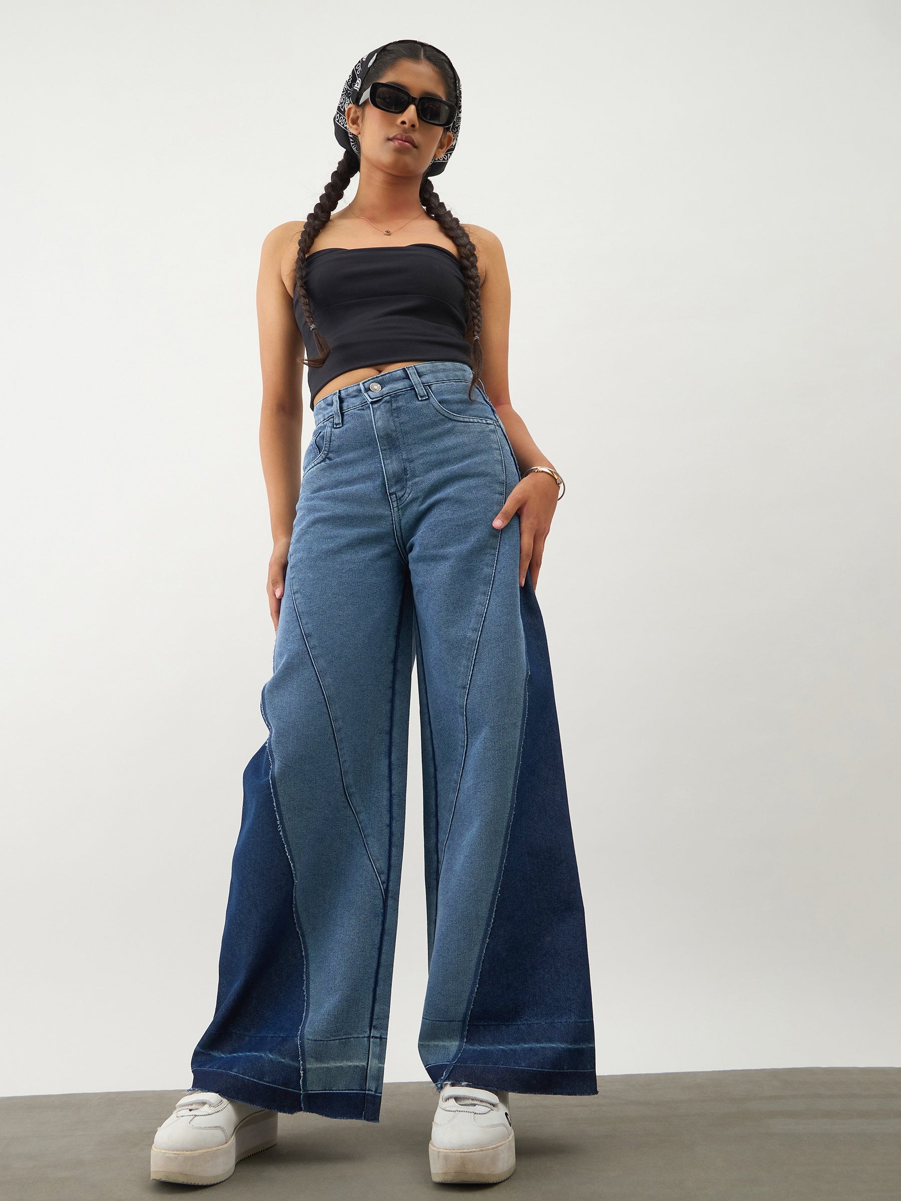 Girls Blue Denim Color Block Wide Leg Jeans