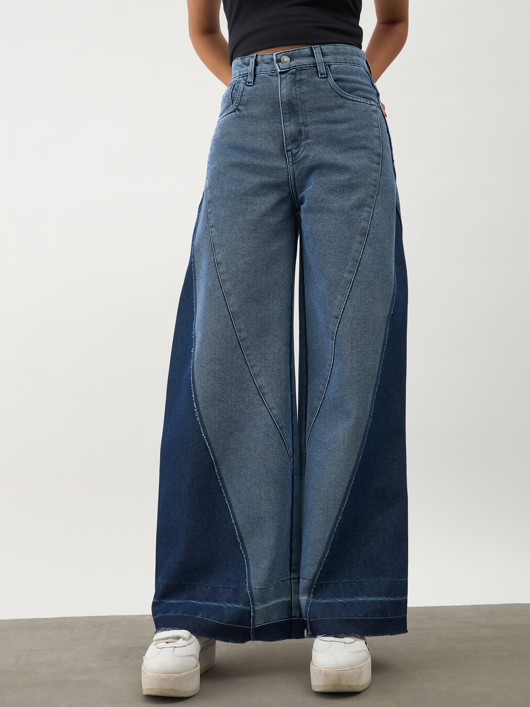 Girls Blue Denim Color Block Wide Leg Jeans