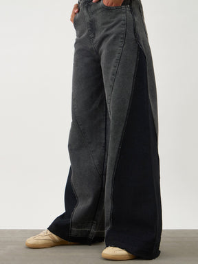 Black Washed Denim Color Block Wide Leg Jeans-Noh.Voh 
