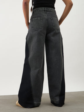 Girls Black Washed Denim Color Block Wide Leg Jeans