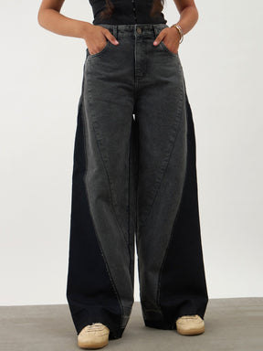 Girls Black Washed Denim Color Block Wide Leg Jeans