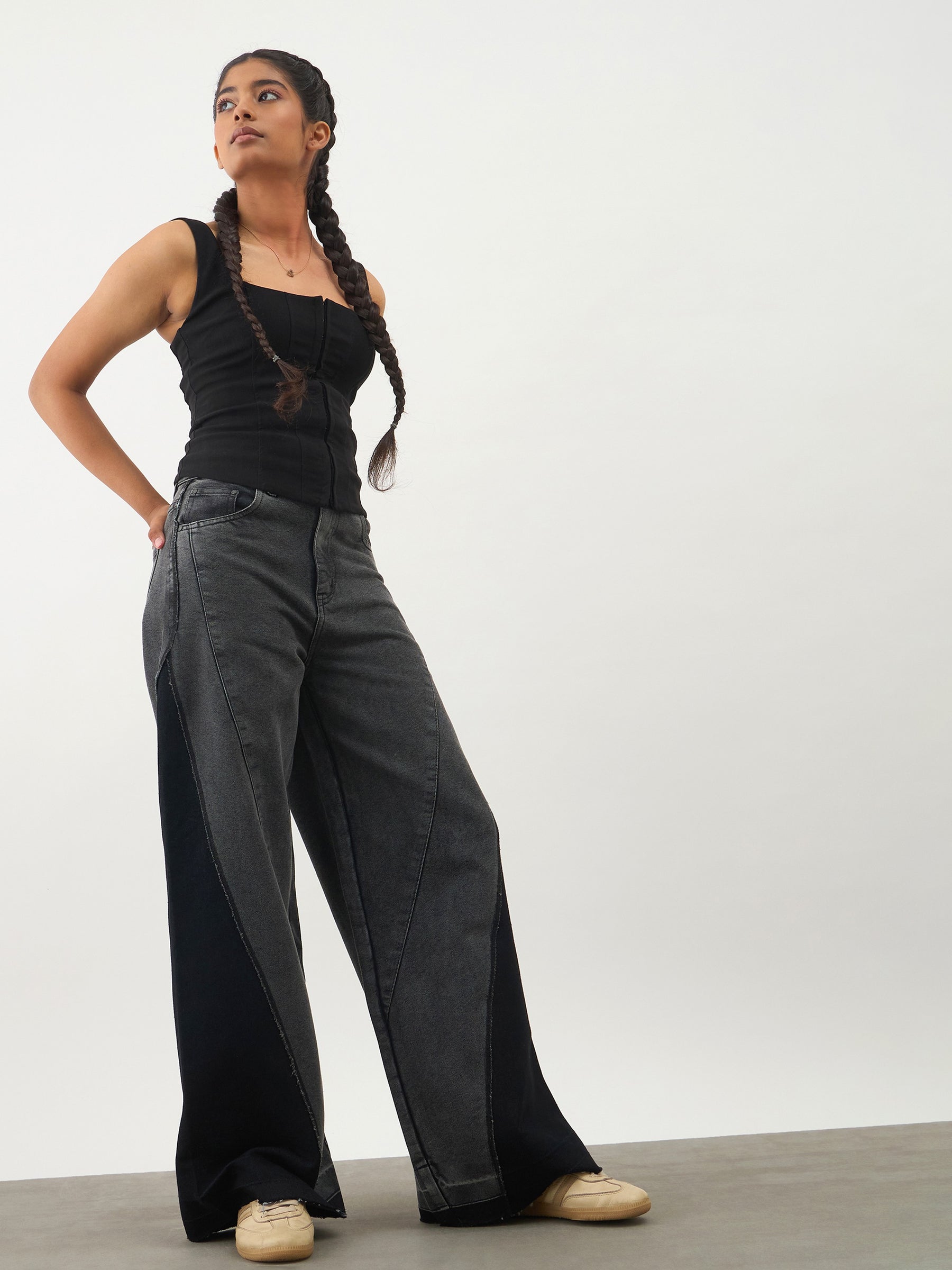 Girls Black Washed Denim Color Block Wide Leg Jeans