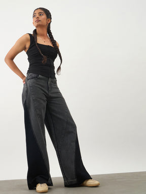 Girls Black Washed Denim Color Block Wide Leg Jeans