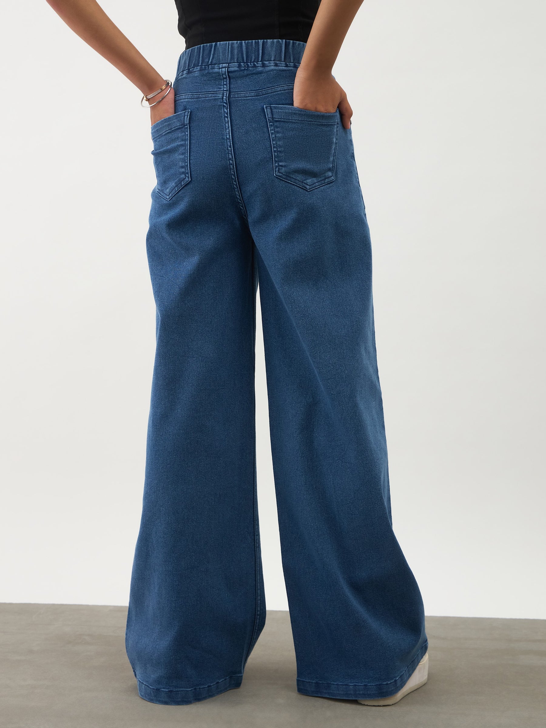 Girls Navy Blue Denim Elasticated Waistband Jeans