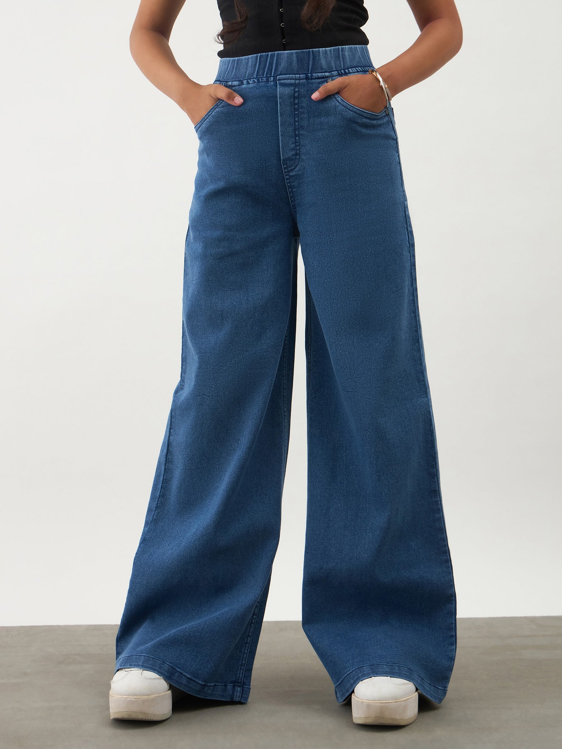 Girls Navy Blue Denim Elasticated Waistband Jeans