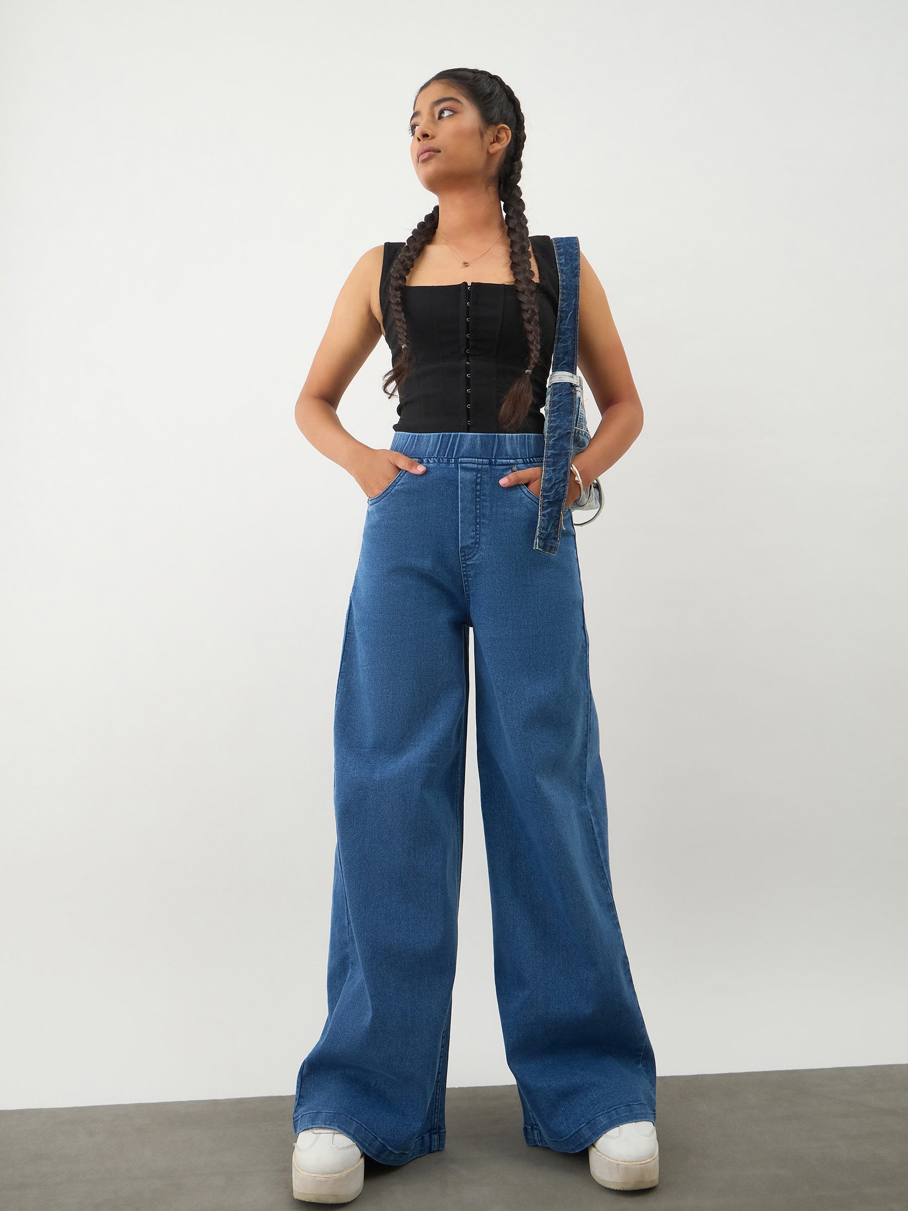 Girls Navy Blue Denim Elasticated Waistband Jeans