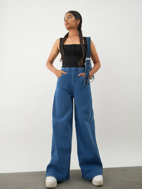 Girls Navy Blue Denim Elasticated Waistband Jeans