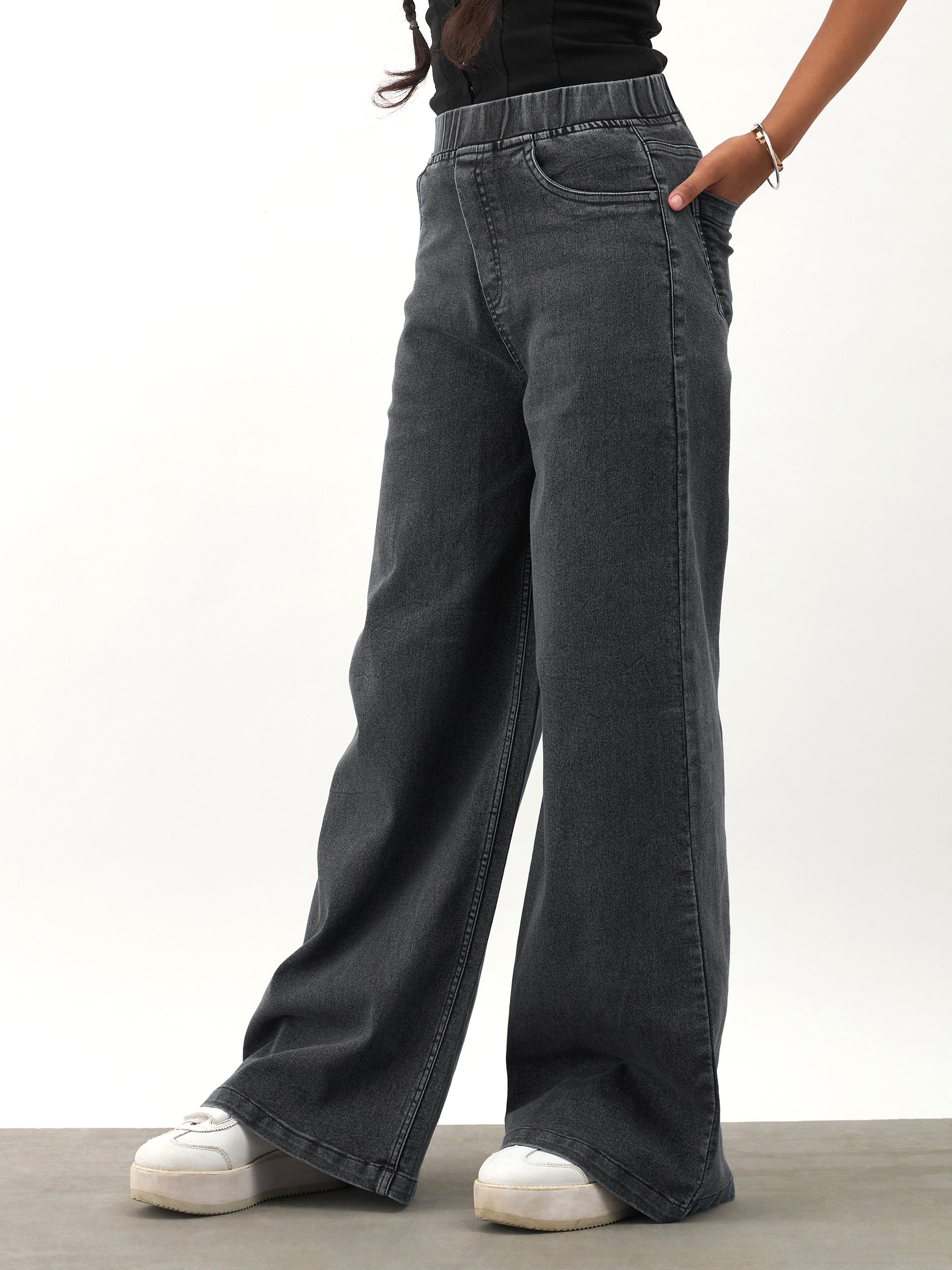 Black Washed Denim Elasticated Waistband Jeans -Noh.Voh 