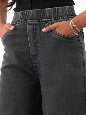 Black Washed Denim Elasticated Waistband Jeans -Noh.Voh 
