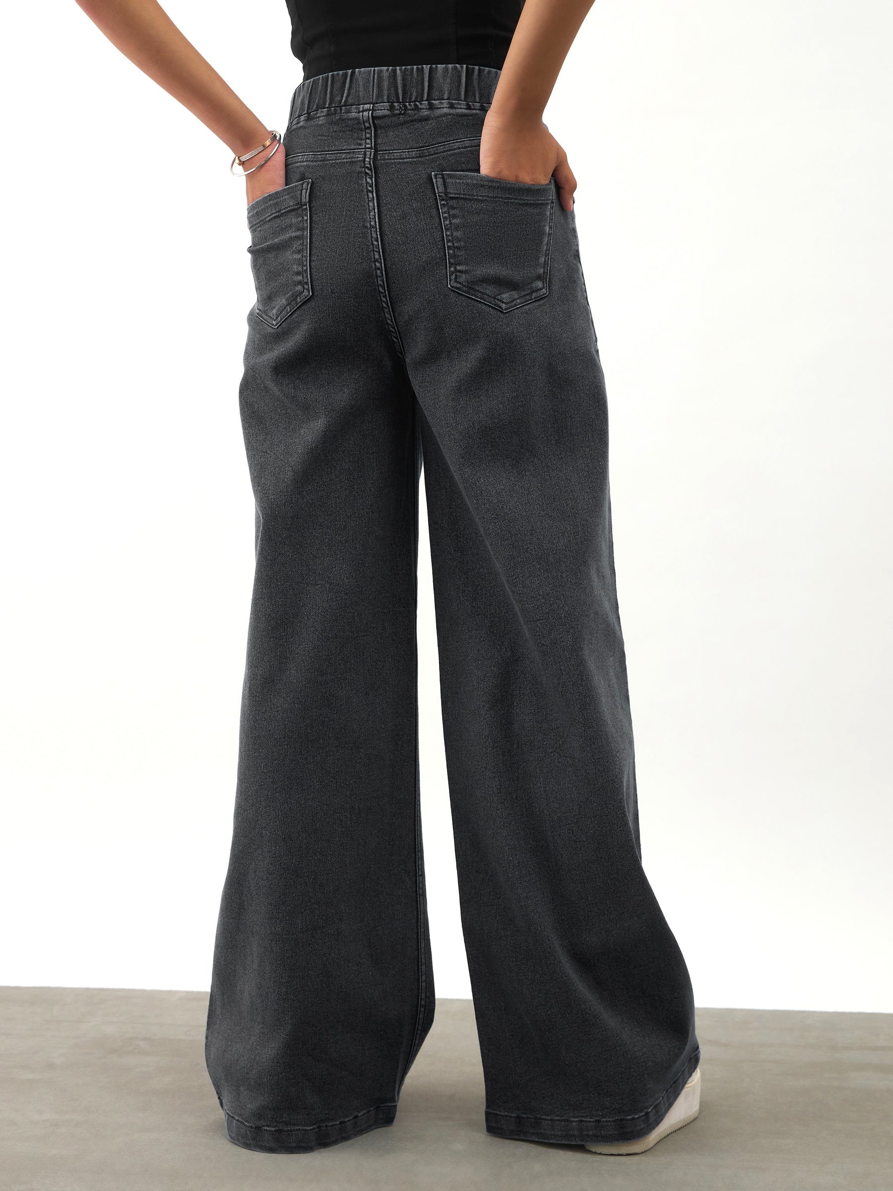 Girls Black Washed Denim Elasticated Waistband Jeans
