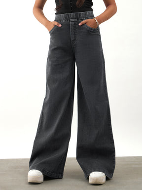Girls Black Washed Denim Elasticated Waistband Jeans