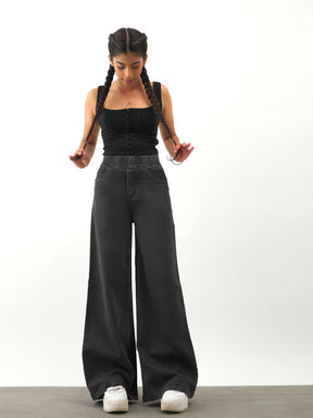 Girls Black Washed Denim Elasticated Waistband Jeans