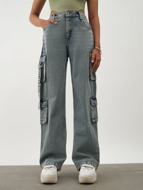 Blue Acid Wash Denim Cargo Jeans -Noh.Voh 