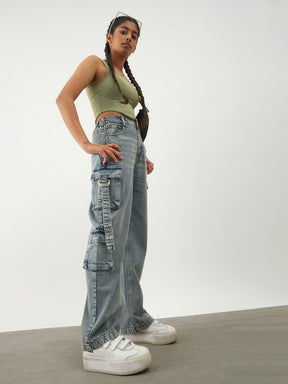 Blue Acid Wash Denim Cargo Jeans -Noh.Voh 