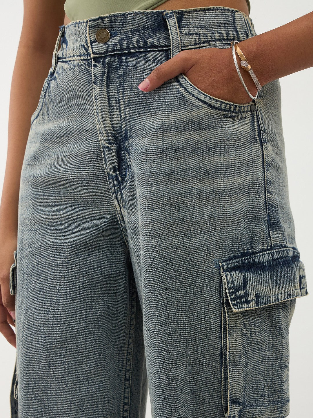 Blue Acid Wash Denim Cargo Jeans -Noh.Voh 