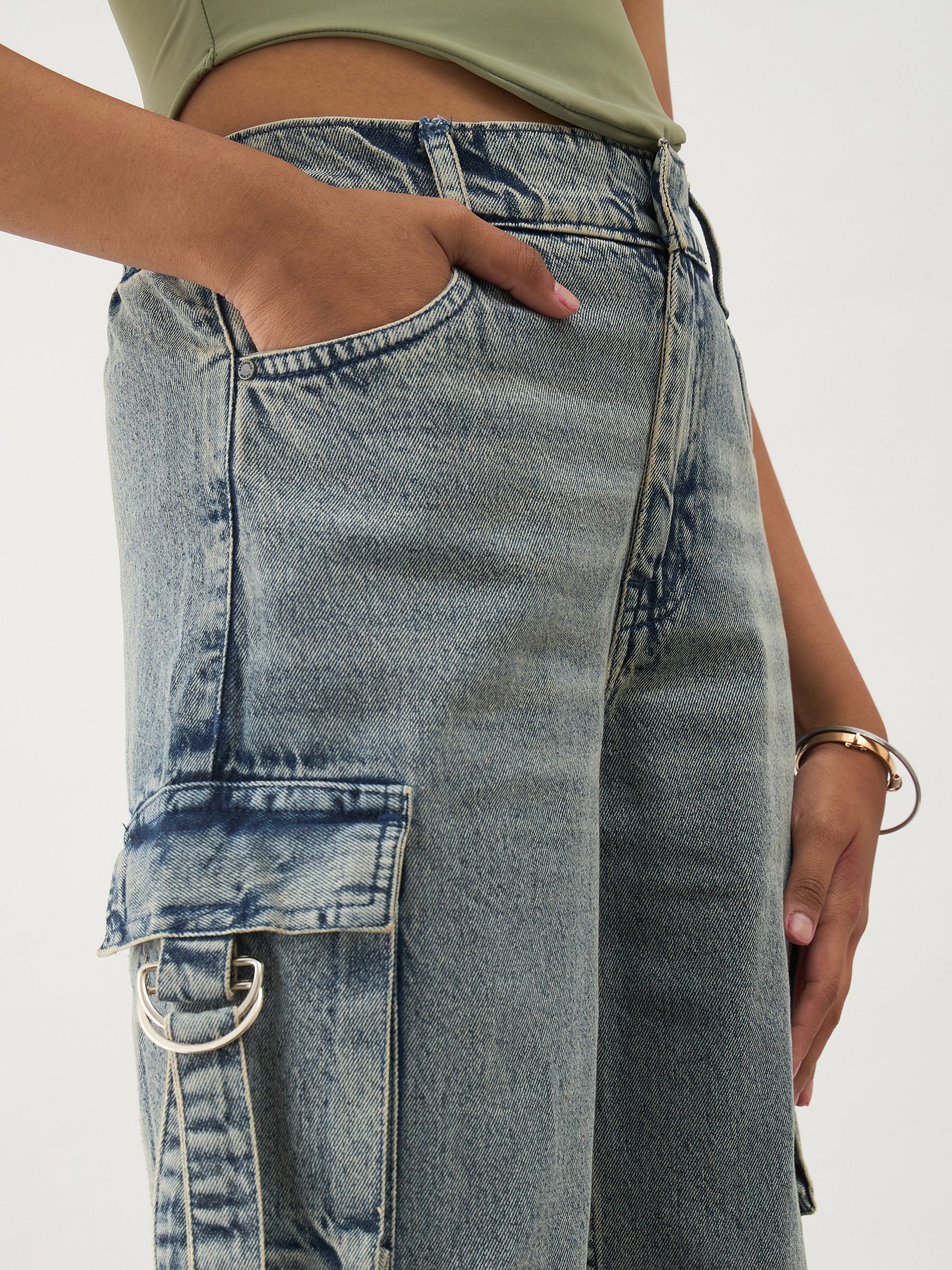 Girls Blue Acid Wash Denim Cargo Jeans
