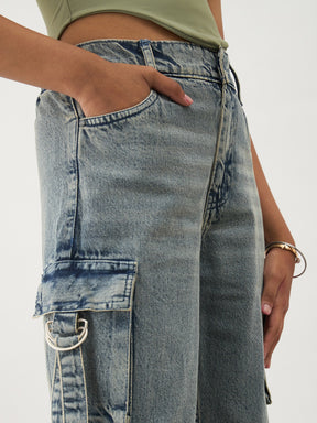 Girls Blue Acid Wash Denim Cargo Jeans