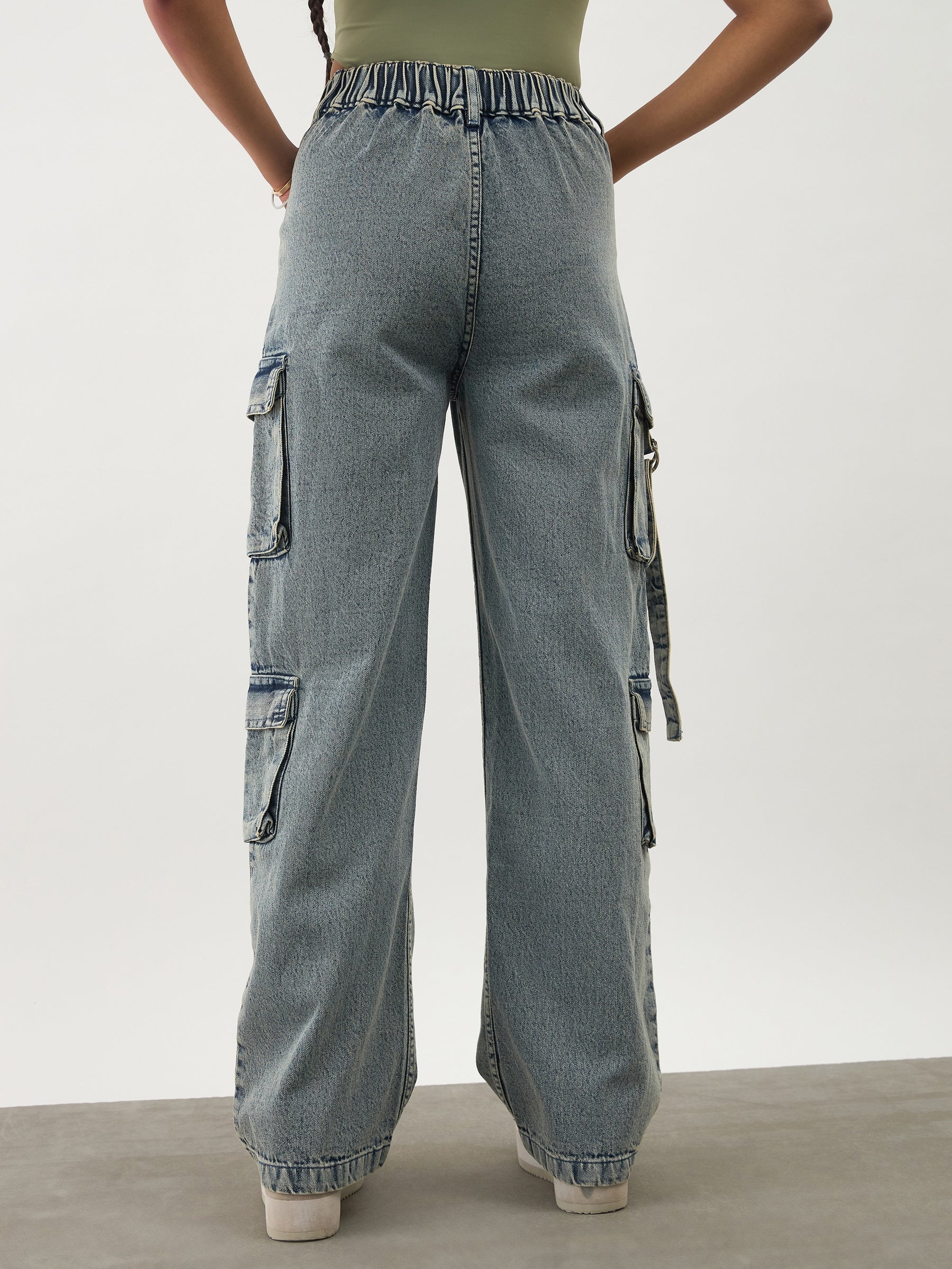 Girls Blue Acid Wash Denim Cargo Jeans