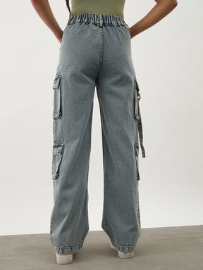 Girls Blue Acid Wash Denim Cargo Jeans