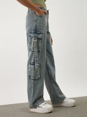 Girls Blue Acid Wash Denim Cargo Jeans