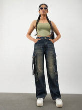 Navy Whisker Wash Denim Cargo Jeans -Noh.Voh 