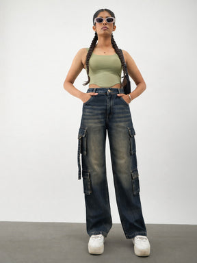 Navy Whisker Wash Denim Cargo Jeans -Noh.Voh 