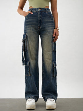 Navy Whisker Wash Denim Cargo Jeans -Noh.Voh 