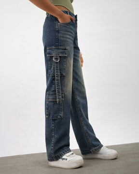 Navy Whisker Wash Denim Cargo Jeans -Noh.Voh 