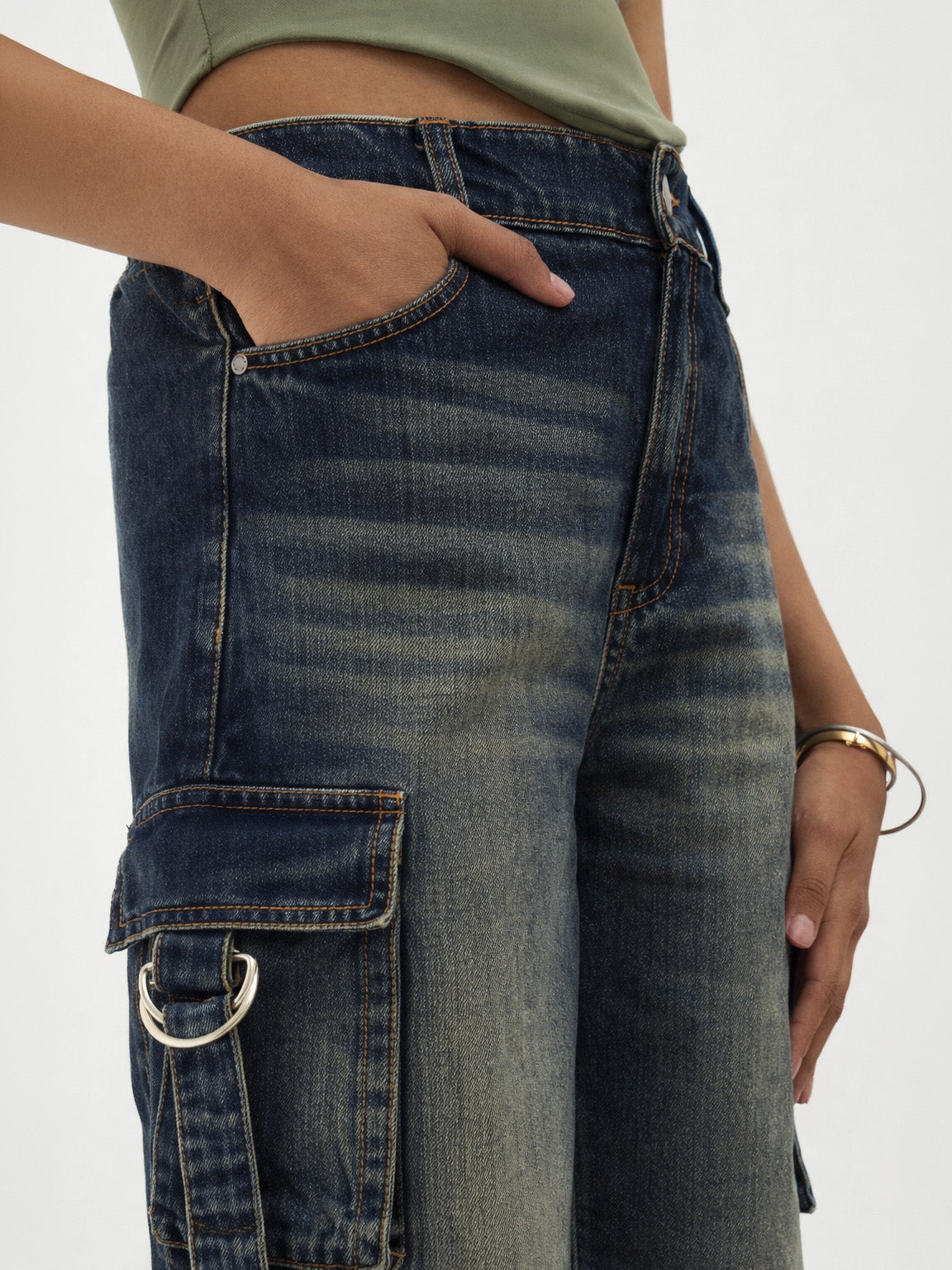 Girls Navy Whisker Wash Denim Cargo Jeans
