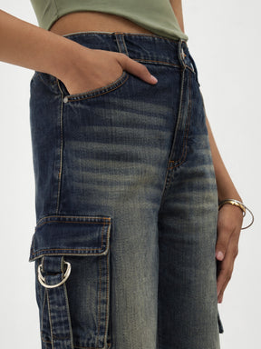 Girls Navy Whisker Wash Denim Cargo Jeans