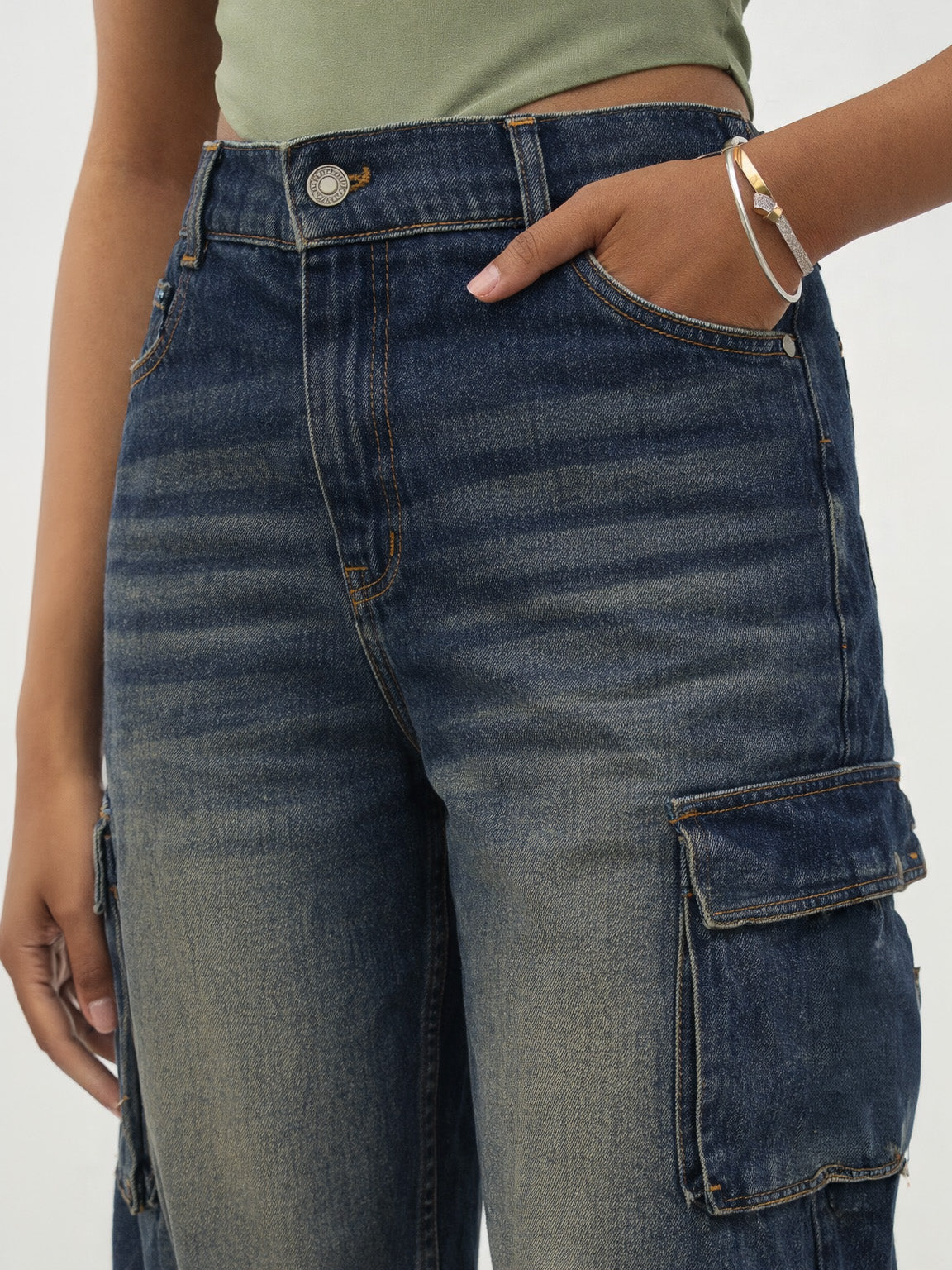 Girls Navy Whisker Wash Denim Cargo Jeans