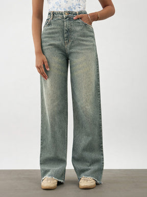 Blue Whisker Denim Raw Hem Straight Fit Jeans -Noh.Voh 