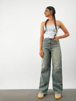 Blue Whisker Denim Raw Hem Straight Fit Jeans -Noh.Voh 