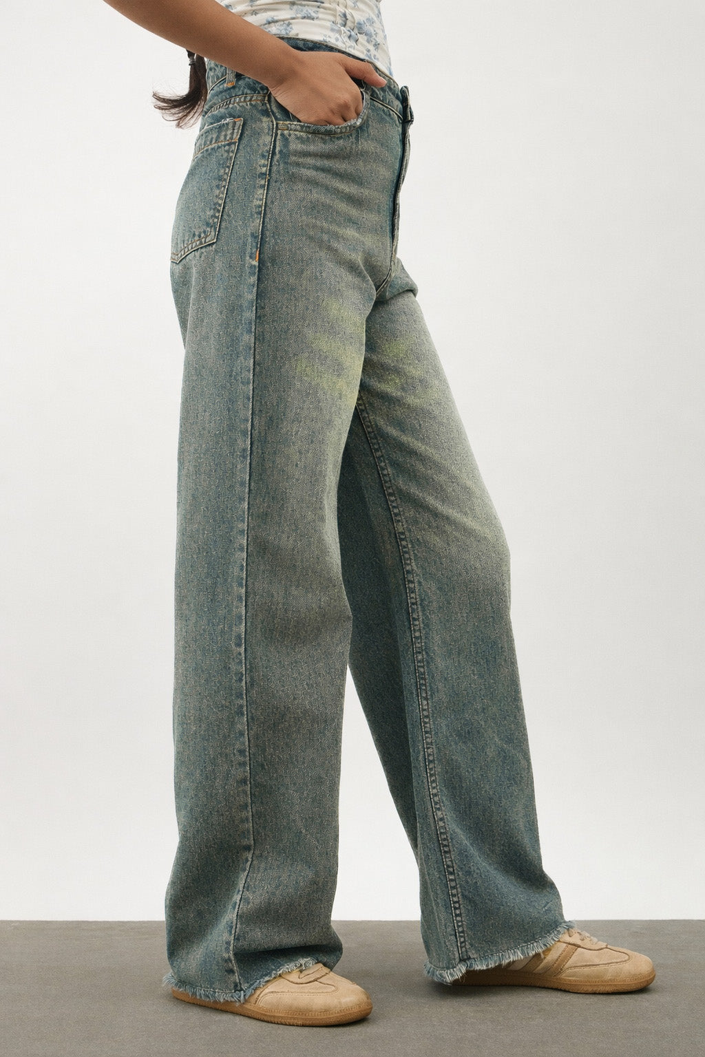 Blue Whisker Denim Raw Hem Straight Fit Jeans -Noh.Voh 