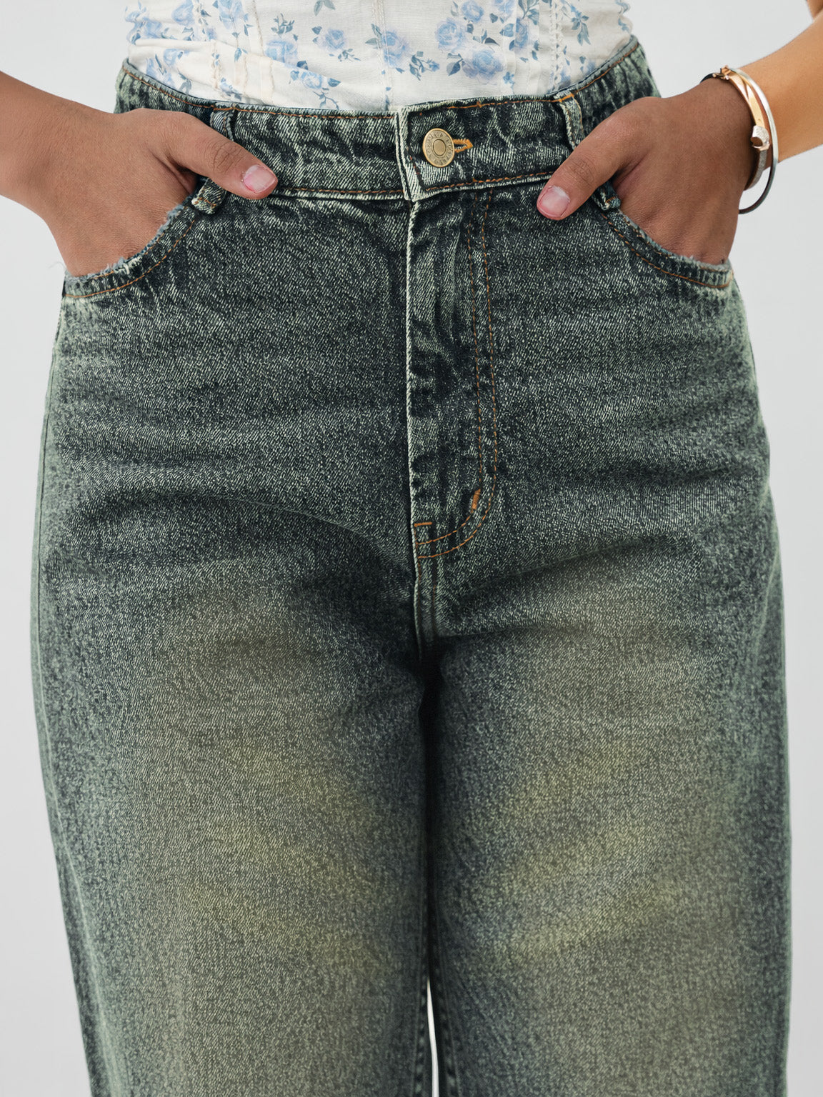 Blue Whisker Denim Raw Hem Straight Fit Jeans -Noh.Voh 