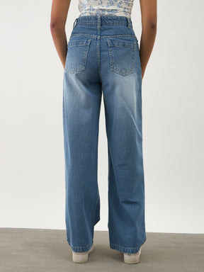 Girls Blue Washed Denim Straight Fit Jeans