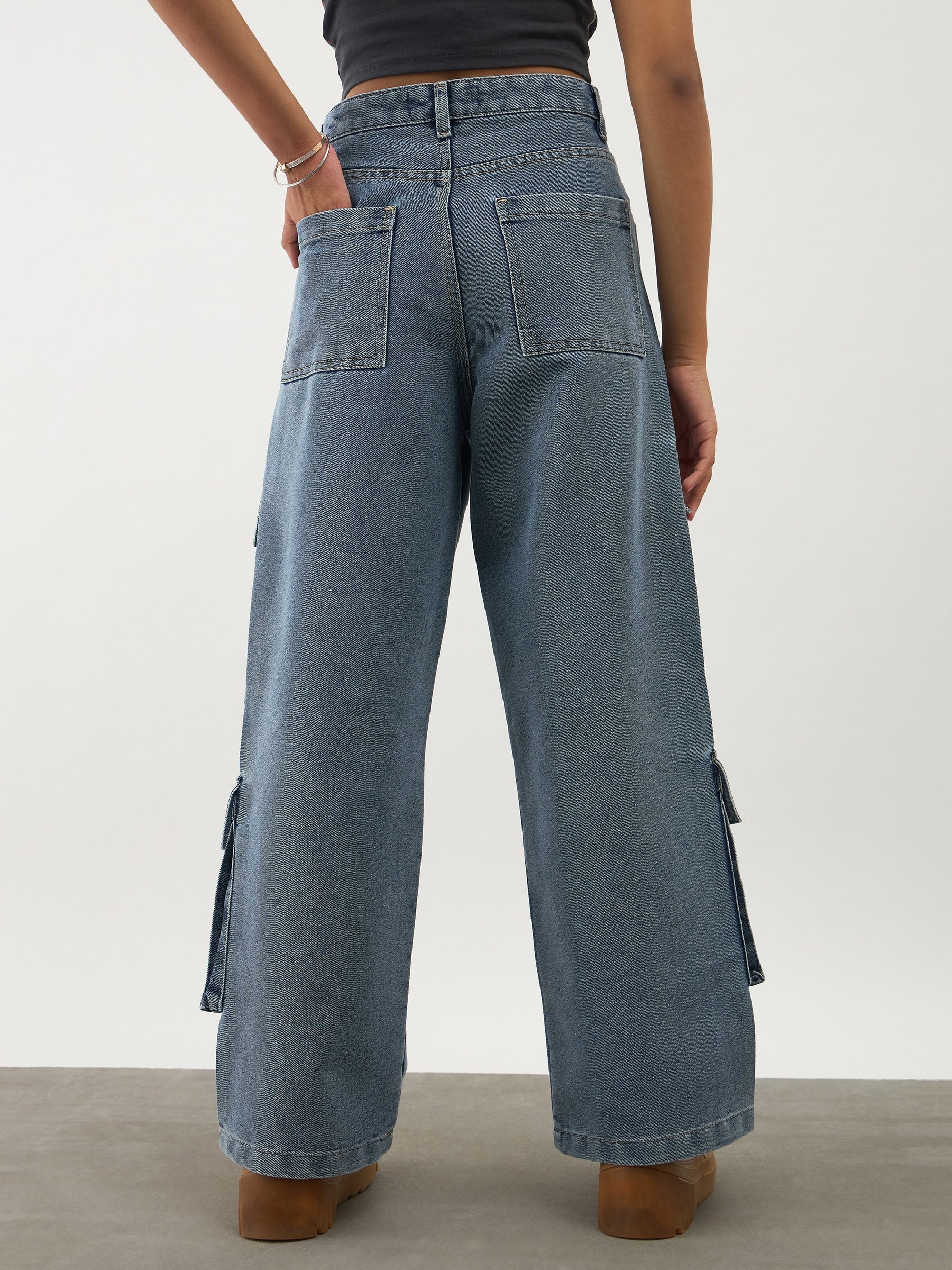 Girls Blue Blast Multi Pockets Denim Cargo Jeans