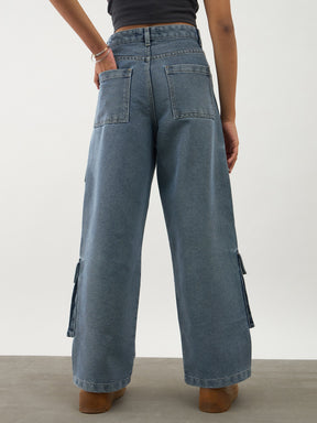 Girls Blue Blast Multi Pockets Denim Cargo Jeans